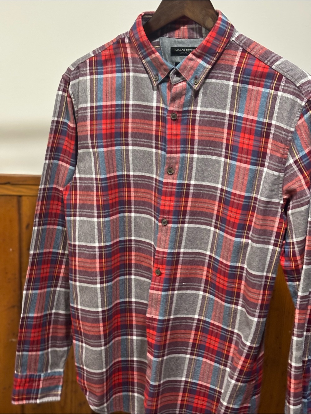 Banana Republic Red and Gray Plaid Button-Down Shirt